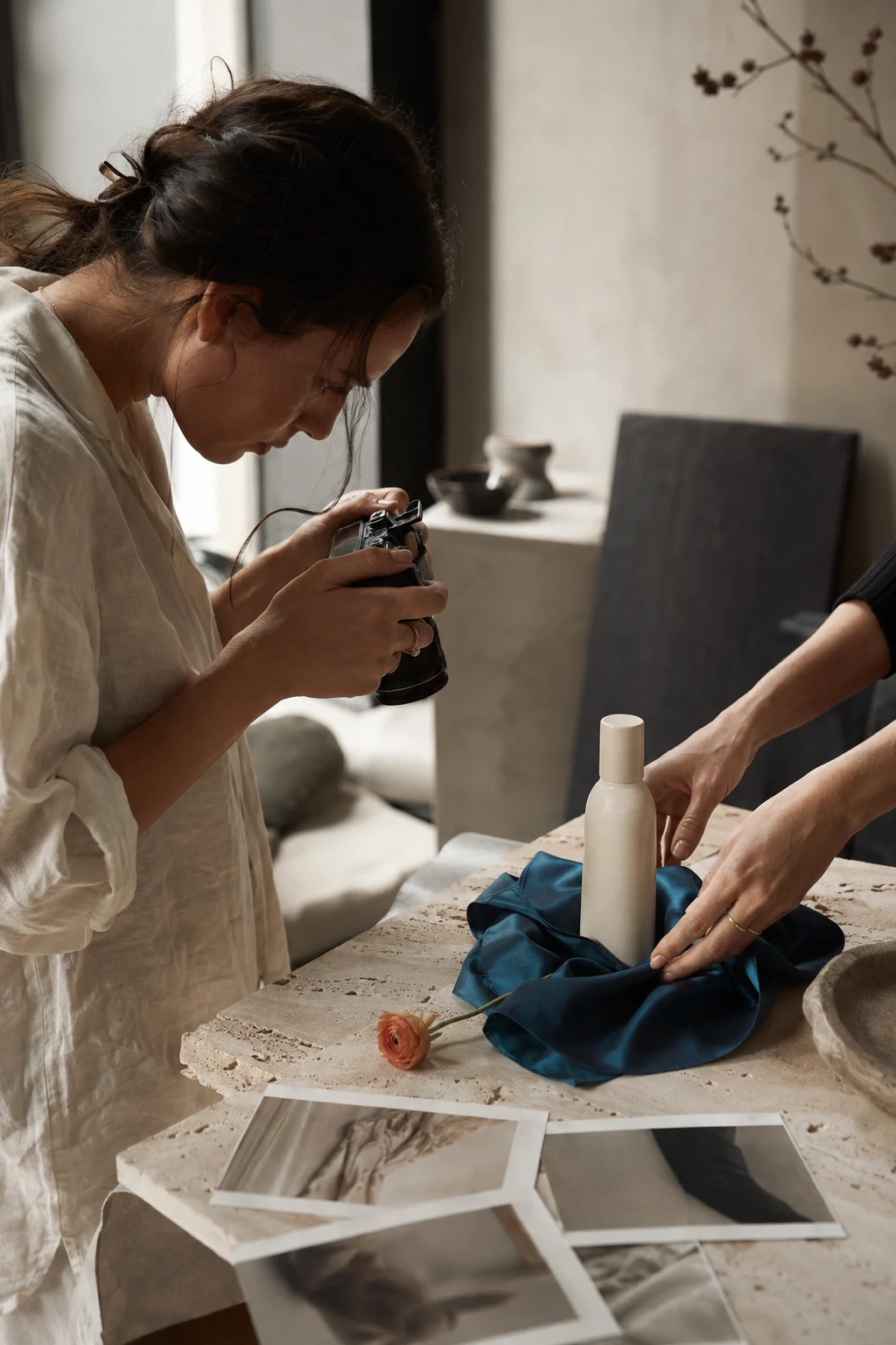 A creator composing a product photograph