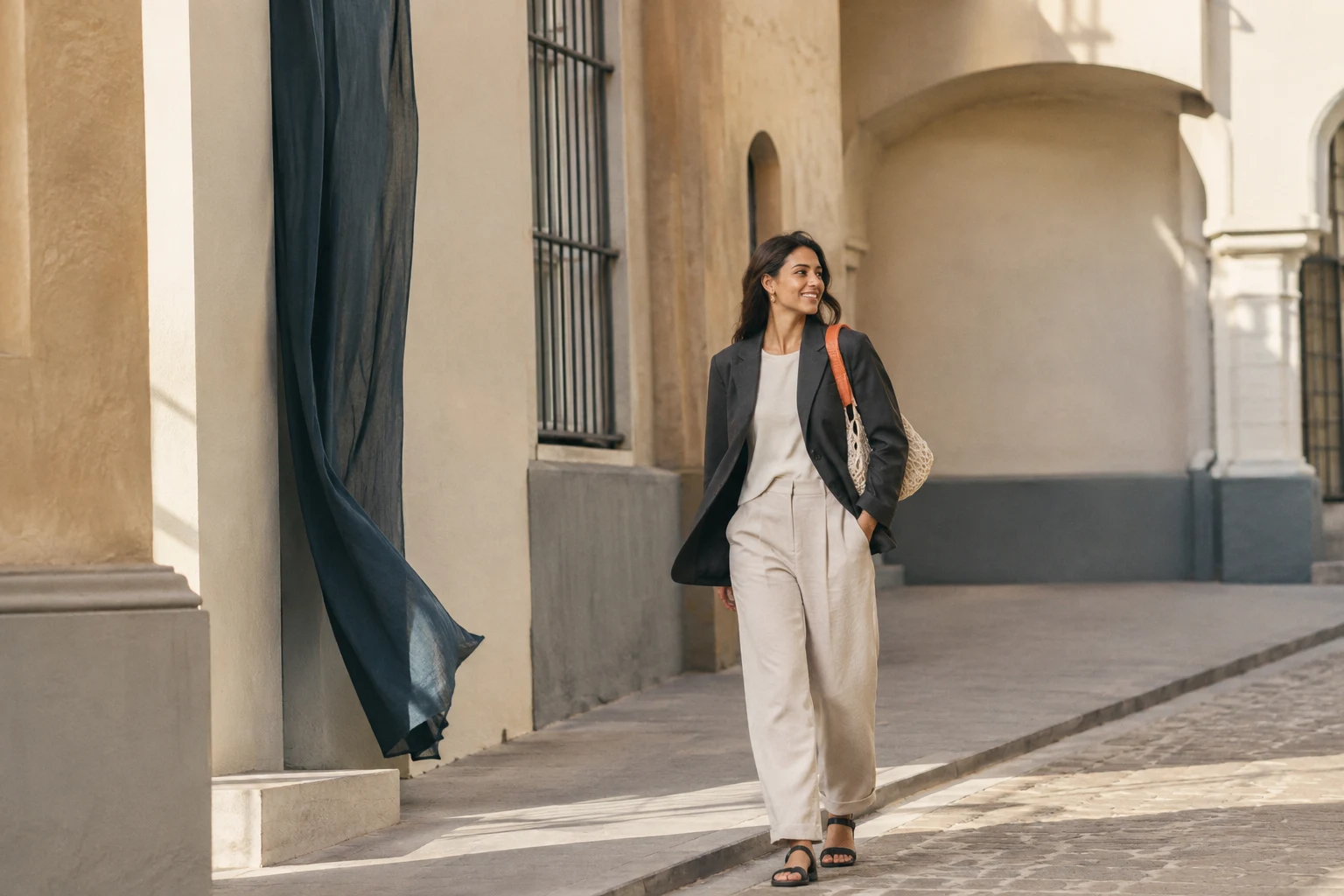 A woman in a charcoal blazer on a sunlit street