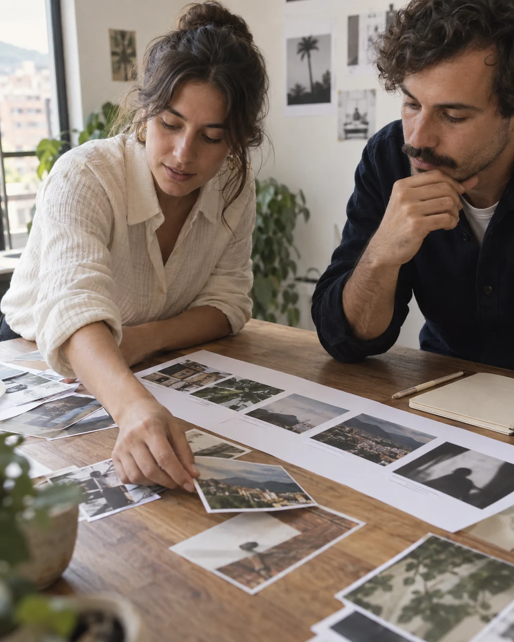 Creative strategists arranging a storyboard at a studio table