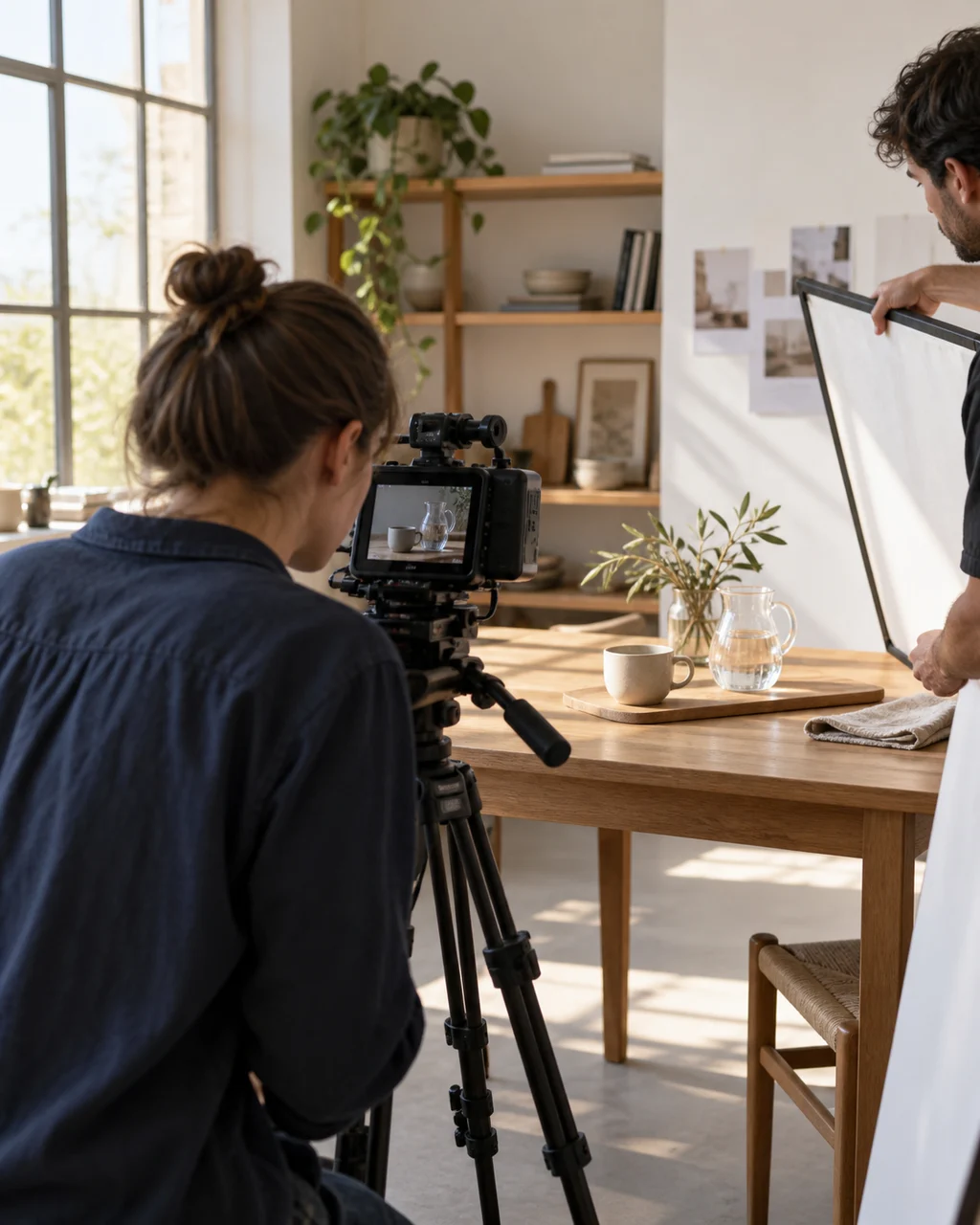 A local crew filming a tabletop scene in a daylight studio